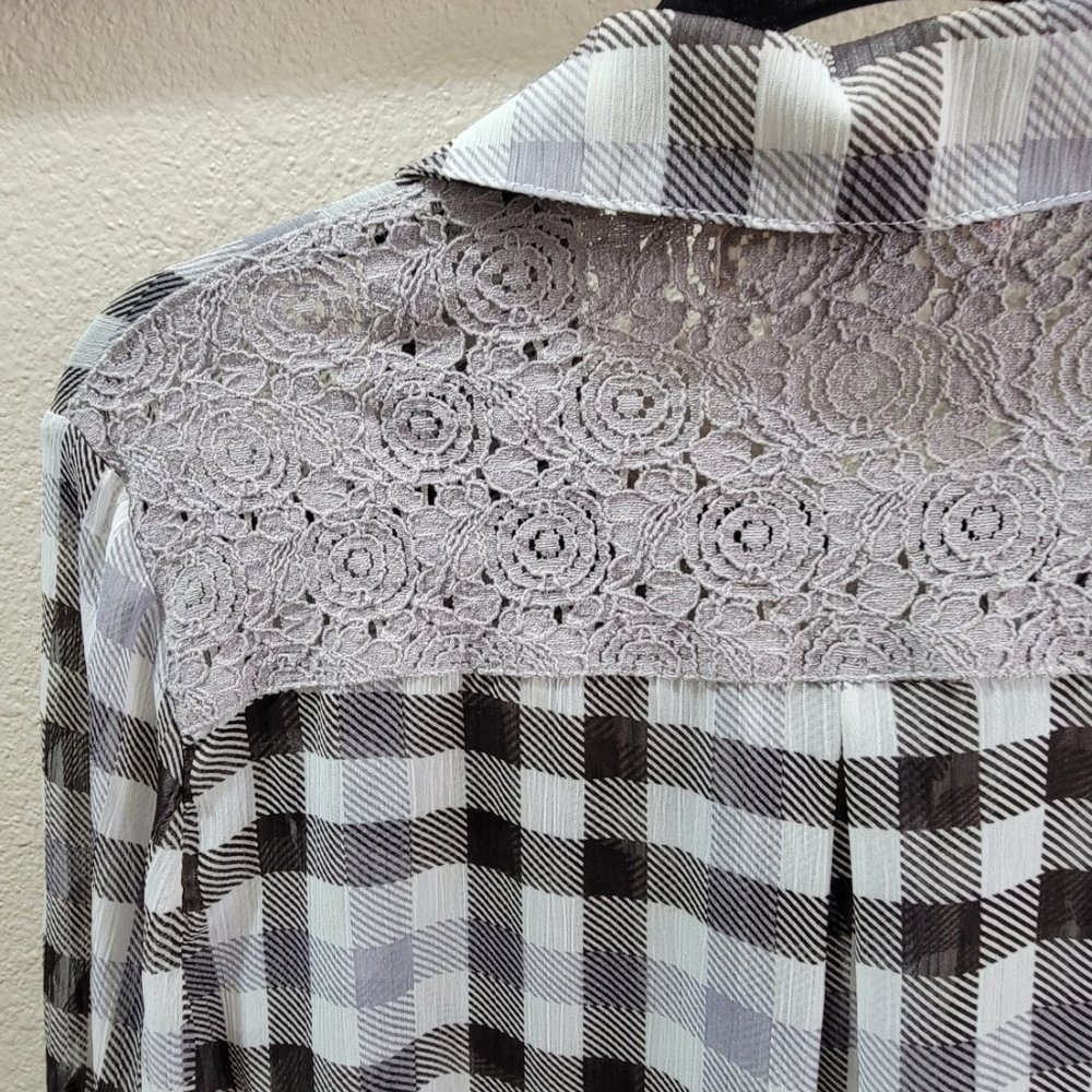 Band of Gypsies Sheer Button Down Long Sleeve Shirt Size Small Lace Back - Picture 7 of 12